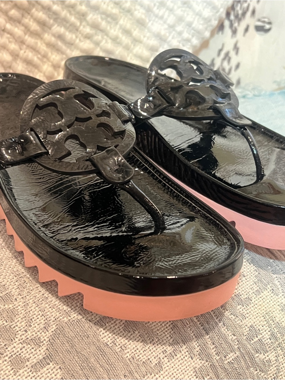 TORY BURCH Miller Cloud Lug Black Pink Leather Platform Sawtooth Sandals - Picture 14 of 16